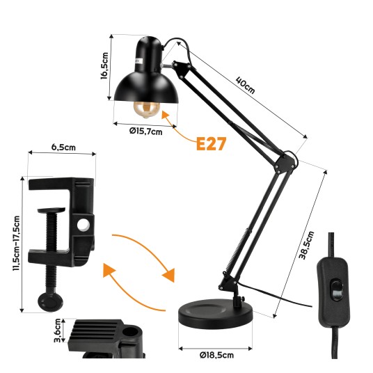 LAMPKA BIURKOWA PRAGA 1XE27 CZARNA