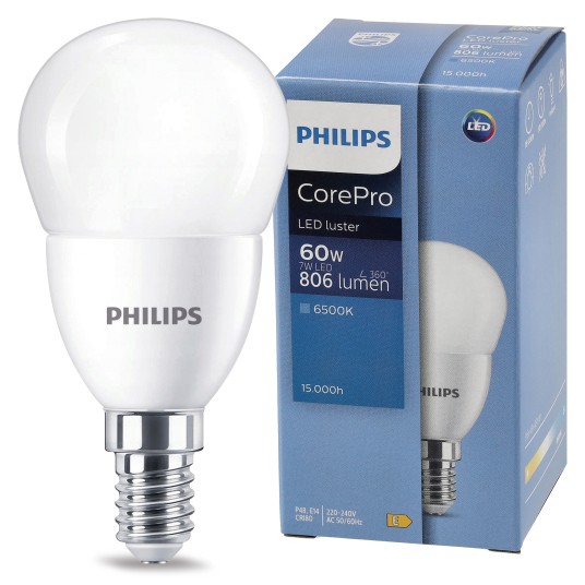 PHILIPS ŻARÓWKA E14 MINIGLOBE 7-60W CW 6500K COREPRO