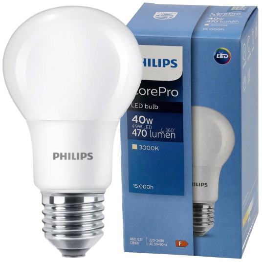 PHILIPS ŻARÓWKA E27 A60 4.9W-40W WW COREPRO 3000K