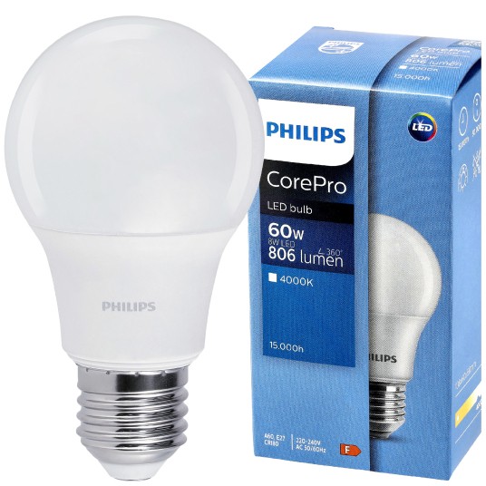 PHILIPS ŻARÓWKA E27 A60 8-60W NW 806LM 4000K COREPRO