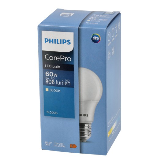 PHILIPS ŻARÓWKA E27 A60 8-60W WW 806LM 3000K COREPRO