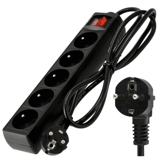 Przedłużacz 5 gniazda 1,5m z wlacznikim CZARNY