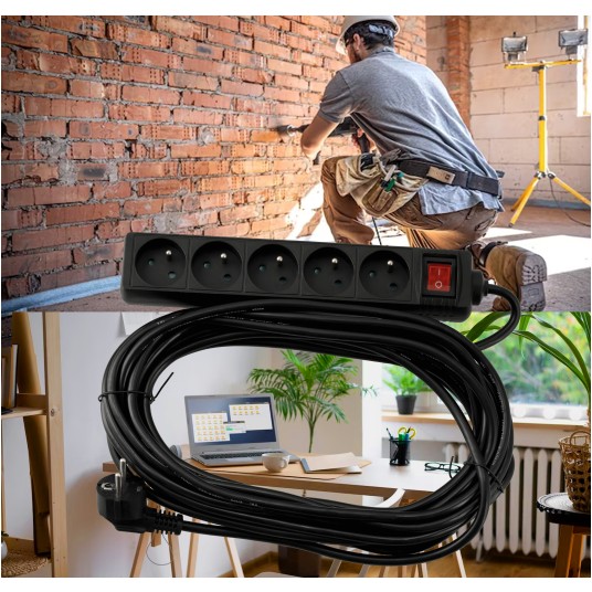 Przedłużacz 5 gniazda 10m z wlacznikim CZARNY