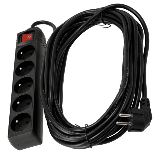 Przedłużacz 5 gniazda 10m z wlacznikim CZARNY