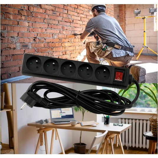 Przedłużacz 5 gniazda 3m z wlacznikim CZARNY