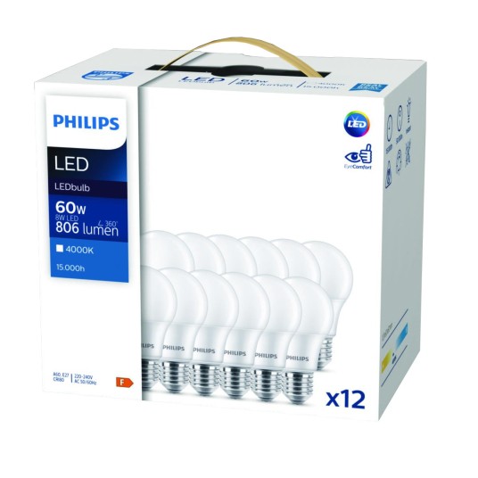 SET X12 ŻARÓWKA LED E27 8W NW 4000K PHILIPS