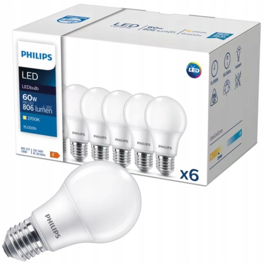 SET X6 ŻARÓWKA LED E27 8W WW 2700K PHILIPS