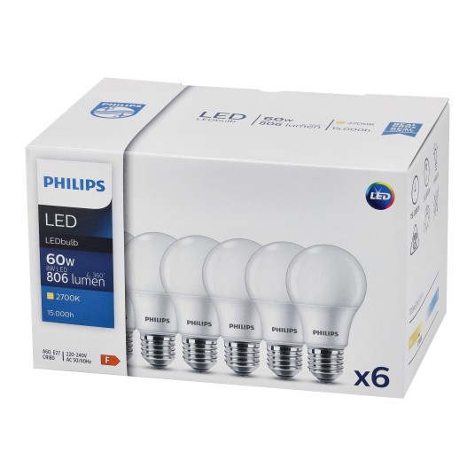 SET X6 ŻARÓWKA LED E27 8W WW 2700K PHILIPS