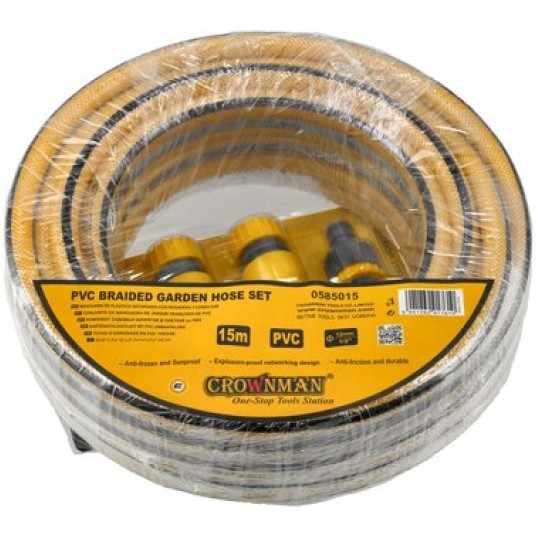 WĄŻ OGRODOWY 15M+PLASTIKOWA DYSZ+3 ZŁĄCZKI