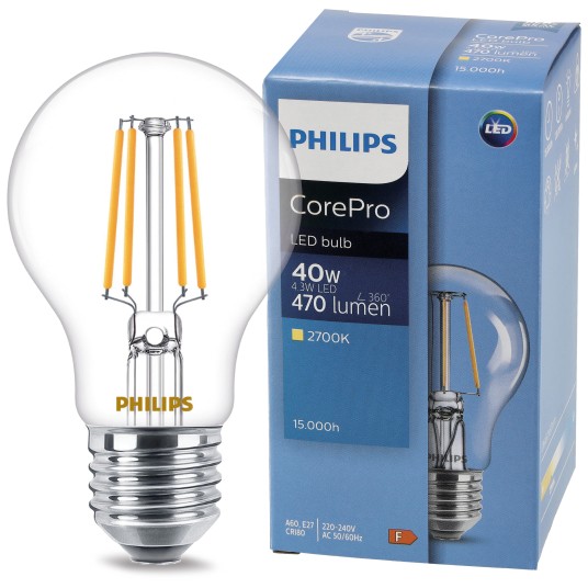 ŻARÓWKA FILAMENT LED E27 A60 4.3-40W WW 2700K PHILIPS