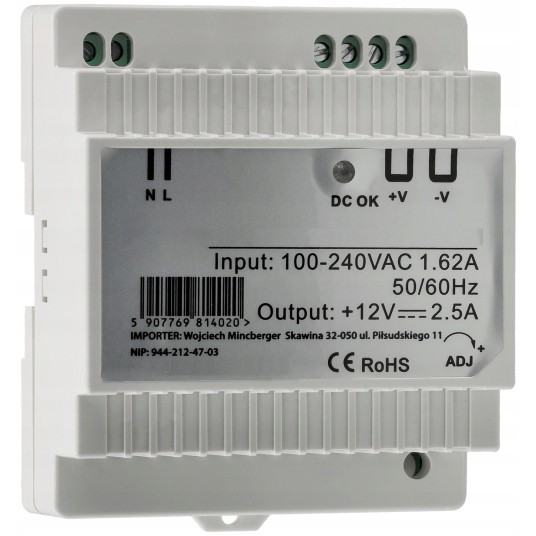 ZASILACZ LED NA SZYNĘ DIN 45W 12V