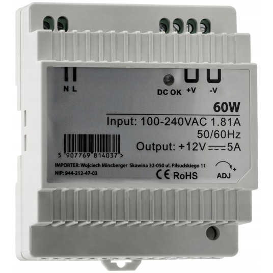 ZASILACZ LED NA SZYNĘ DIN 60W 12V