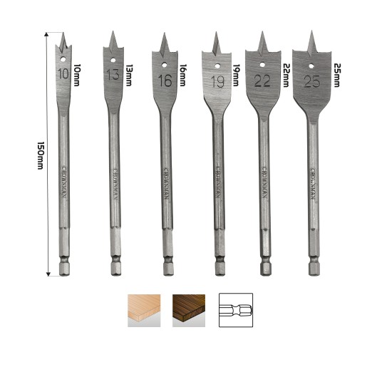 ZESTAW 6 SZTUK PŁASKICH WIERTEŁ DO DREWNA