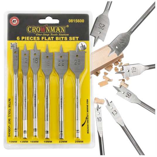 ZESTAW 6 SZTUK PŁASKICH WIERTEŁ DO DREWNA