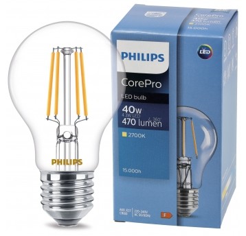 PHILIPS ŻARÓWKA FILAMENT LED E27 A60 4.3-40W WW 470LM 2700K COREPRO