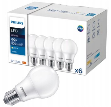 SET X6 ŻARÓWKA LED E27 8W WW 2700K PHILIPS