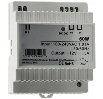 ZASILACZ LED NA SZYNĘ DIN 60W 12V